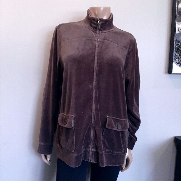 Lands End Velour Full Zip Jacket Sweatshirt Brown Fall Winter Size Large 14 16 - Picture 6 of 12